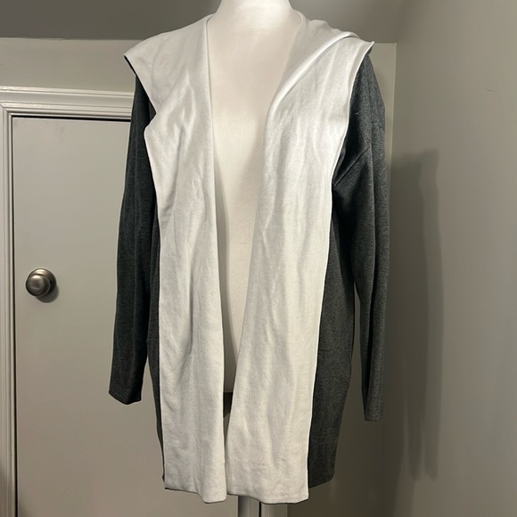 Eileen Fisher grey and white sweater with hood L - Picture 1 of 5